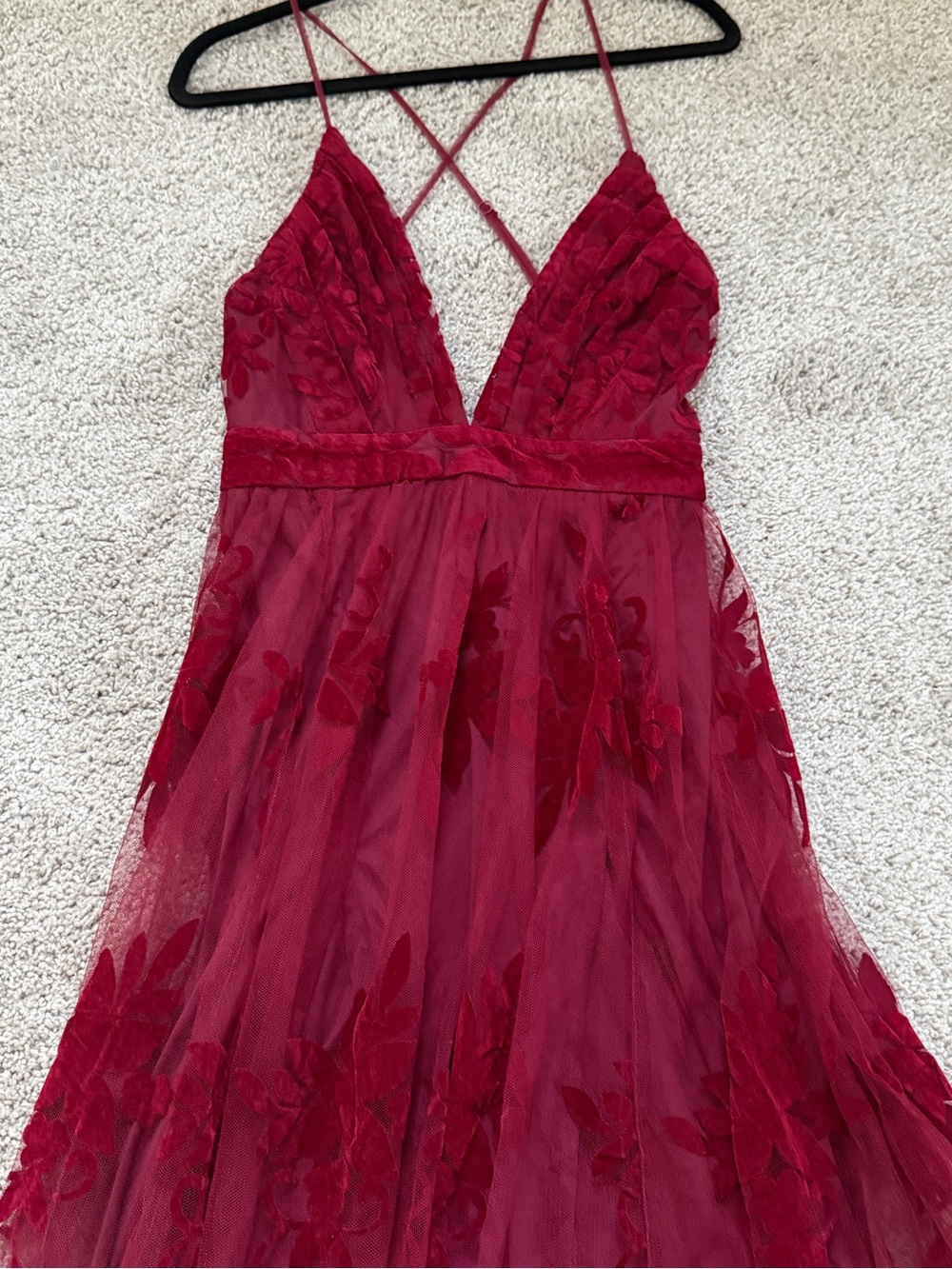 Red Floral Embroidered Mesh Maxi Dress